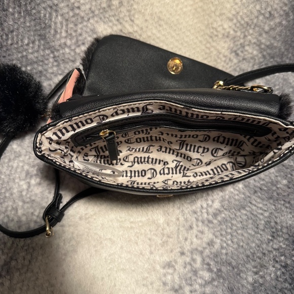 Juicy Couture Black Faux Fur Licorice Flap Crossbody with Pom Pom & Crown Charm - Picture 6 of 9